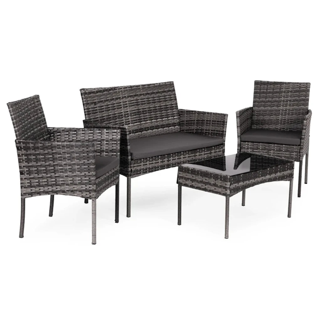 Set Mobilier de Grădină cu Masă, Canapea și 2 Fotolii, Maro Bej, Perne Gri