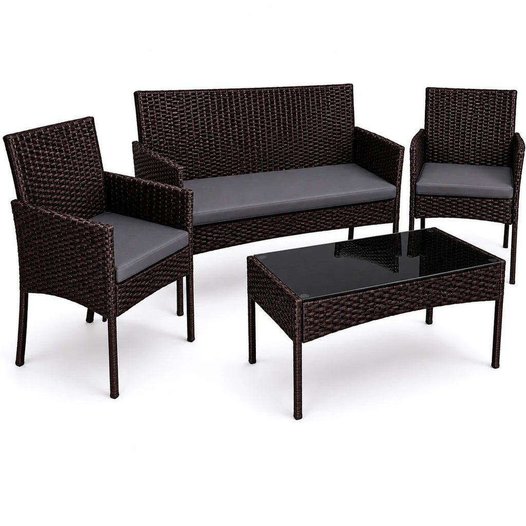 Set Mobilier Gradina Premium, Canapea, 2 Fotolii, Masa, Maro, Perne Gri