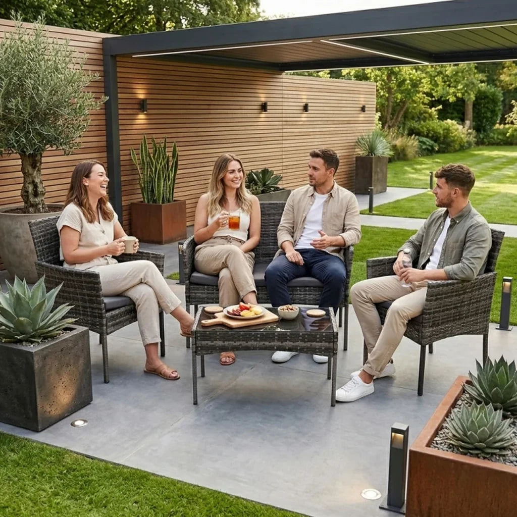 Set Mobilier de Grădină cu Masă, Canapea și 2 Fotolii, Maro Bej, Perne Gri