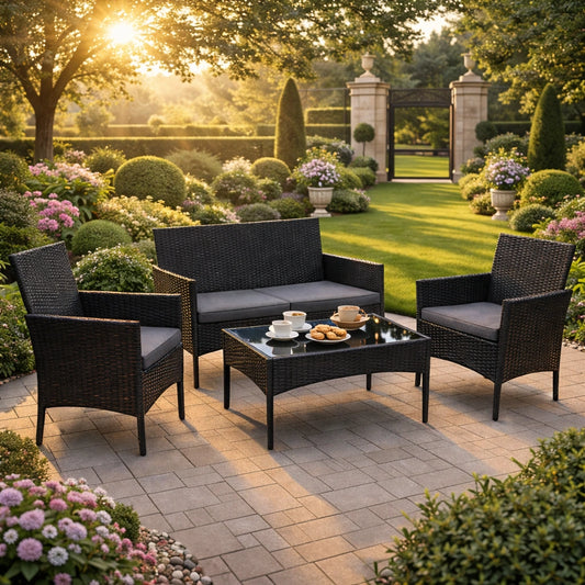 Set Masă de Grădină Premium – Masă + Canapea + 2 Fotolii, Negru, Perne Gri - MAXY