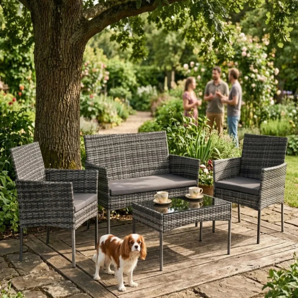 Set Mobilier de Grădină cu Masă, Canapea și 2 Fotolii, Maro Bej, Perne Gri