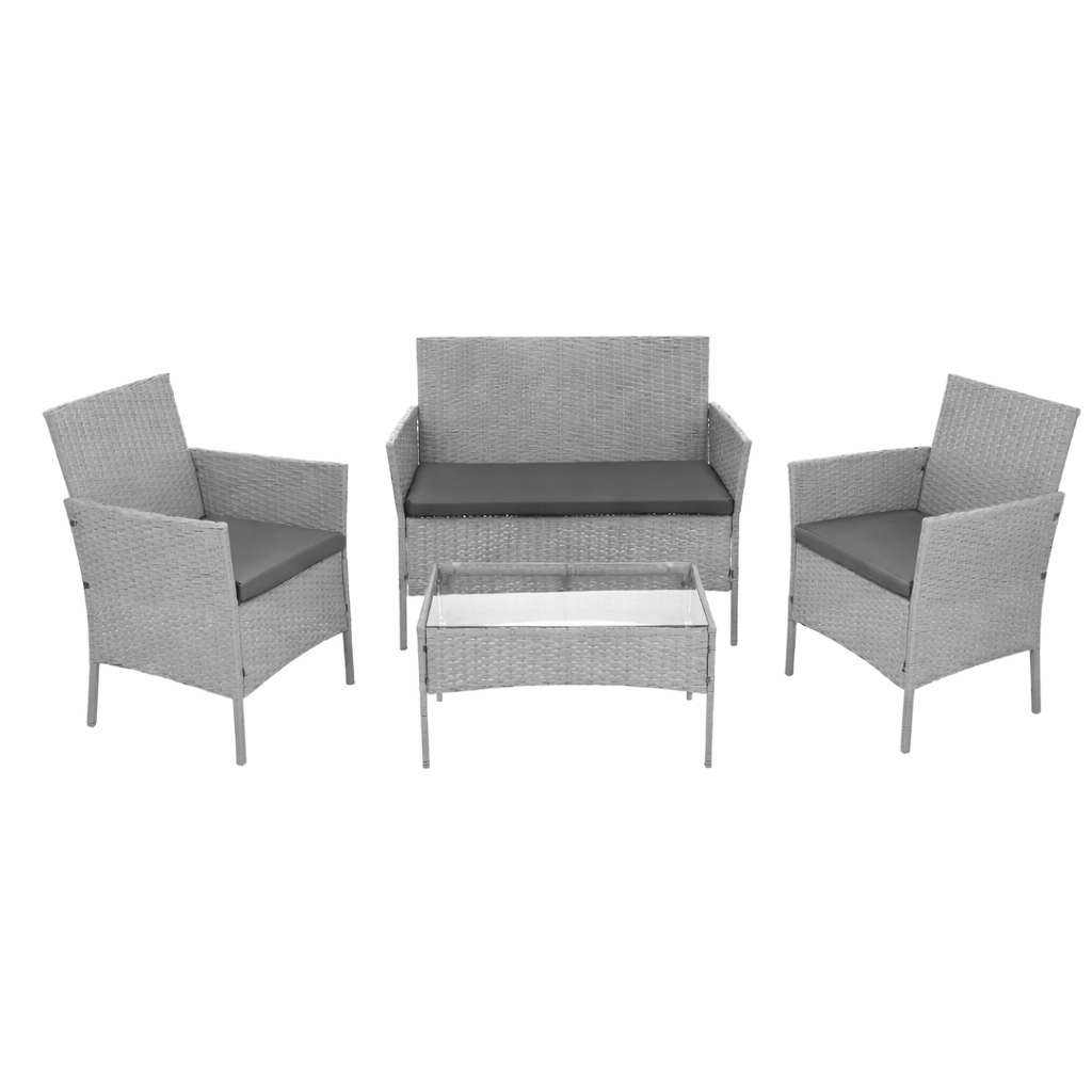 Set Mobilier Grădină Premium – Masă, Canapea și 2 Fotolii | Gri Deschis cu Perne Gri - MAXY