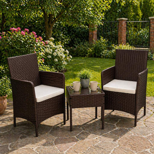 Set Masa Cu 2 Fotolii Gradina, Balcon, Terasa, Cu Perne Crem, Culoare Maro - MAXY