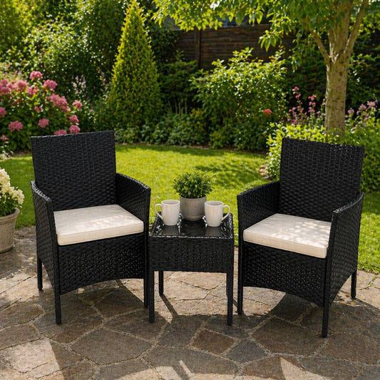 Set Masa Cu 2 Fotolii Gradina, Balcon, Terasa, Cu Perne Crem, Culoare Negru - MAXY