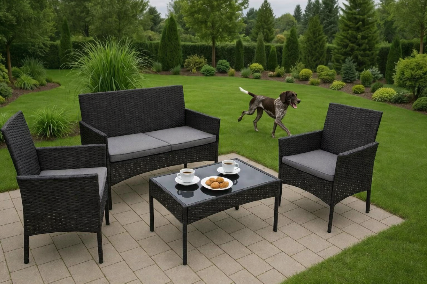 Set Masa De Gradina din Ratan, 1 Masa, 1 Canapea, 2 Fotolii, Culoare Negru - MAXY
