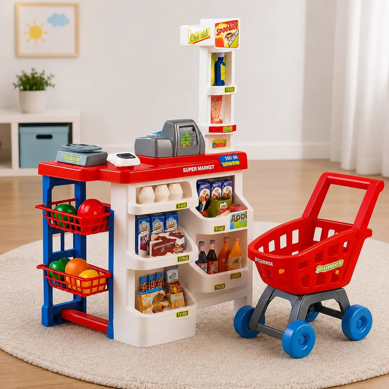 Set Supermarket pentru Copii cu Casă de Marcat, 47 Accesorii, 82 x 50 x 41 cm - MAXY