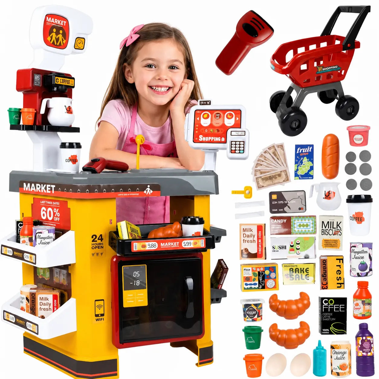 Set Supermarket pentru Copii cu Casă de Marcat, Scanner, Frigider și 54 Accesorii - MAXY