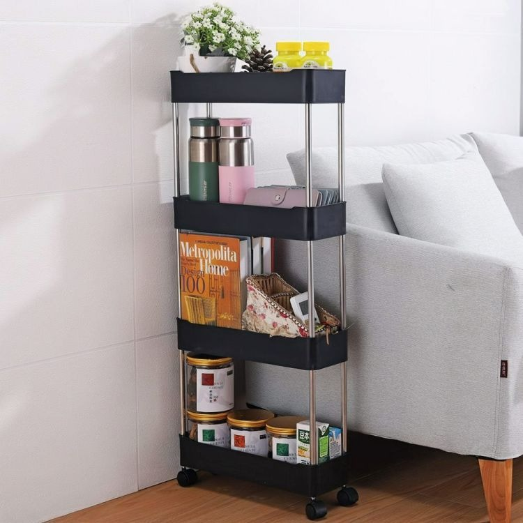 Raft de Depozitare Mobil cu 4 Polițe, Organizator Îngust 85x12,5x38,5cm - MAXY