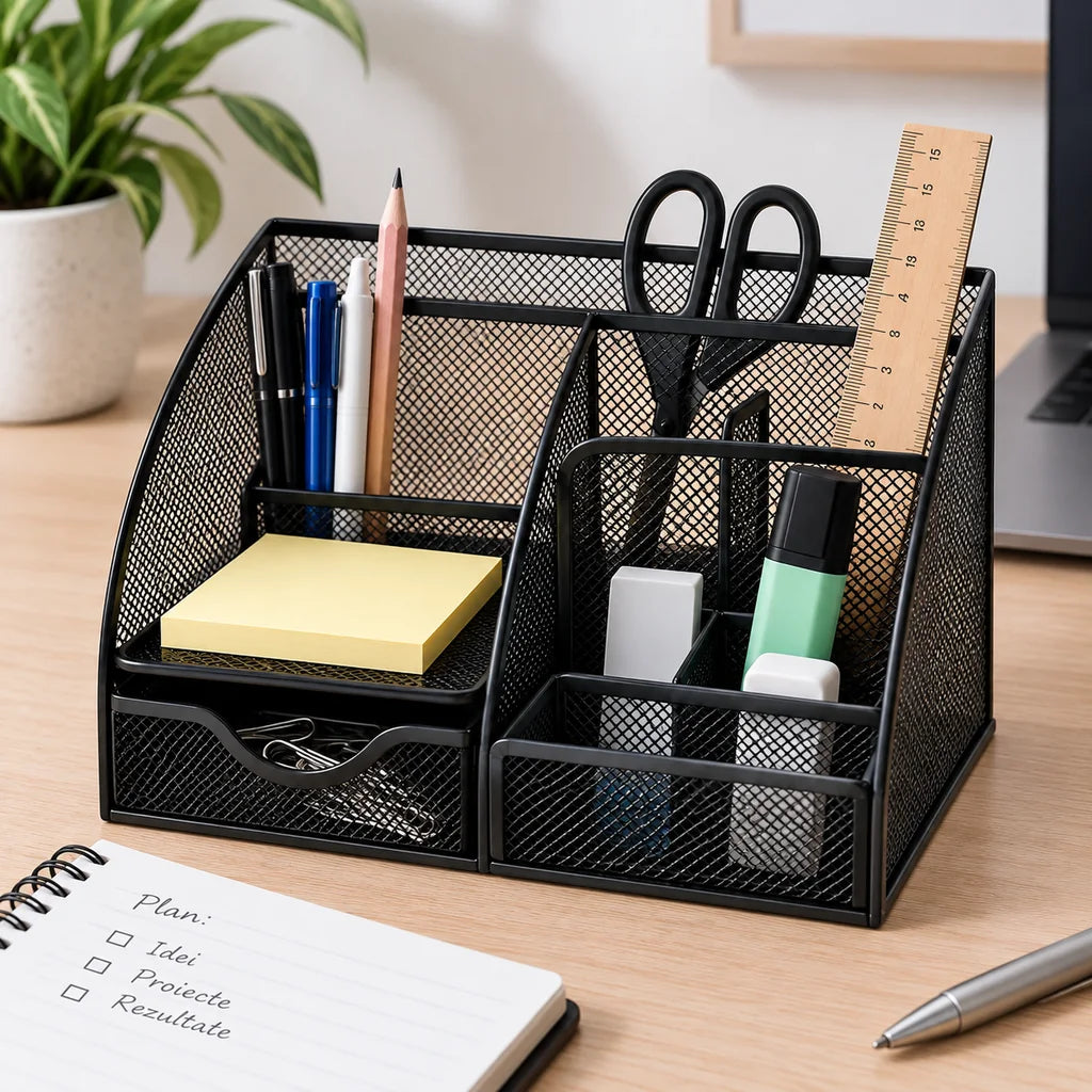 Organizator De birou din Plasa Metalica cu 6 Compartimente, Negru