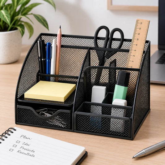 Organizator De birou din Plasa Metalica cu 6 Compartimente, Negru