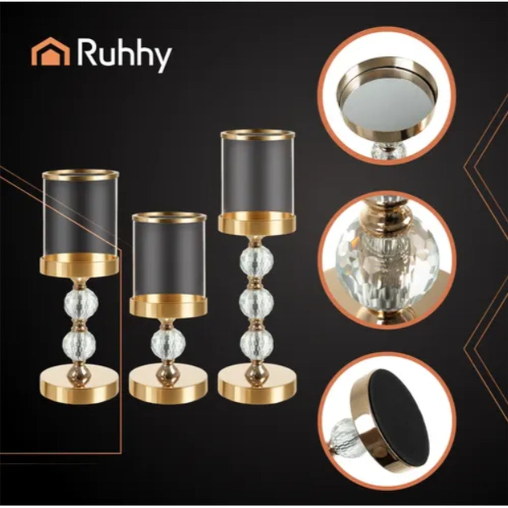 Set 3 Sfeșnice Aurii cu Cristale Decorative pentru Lumânări