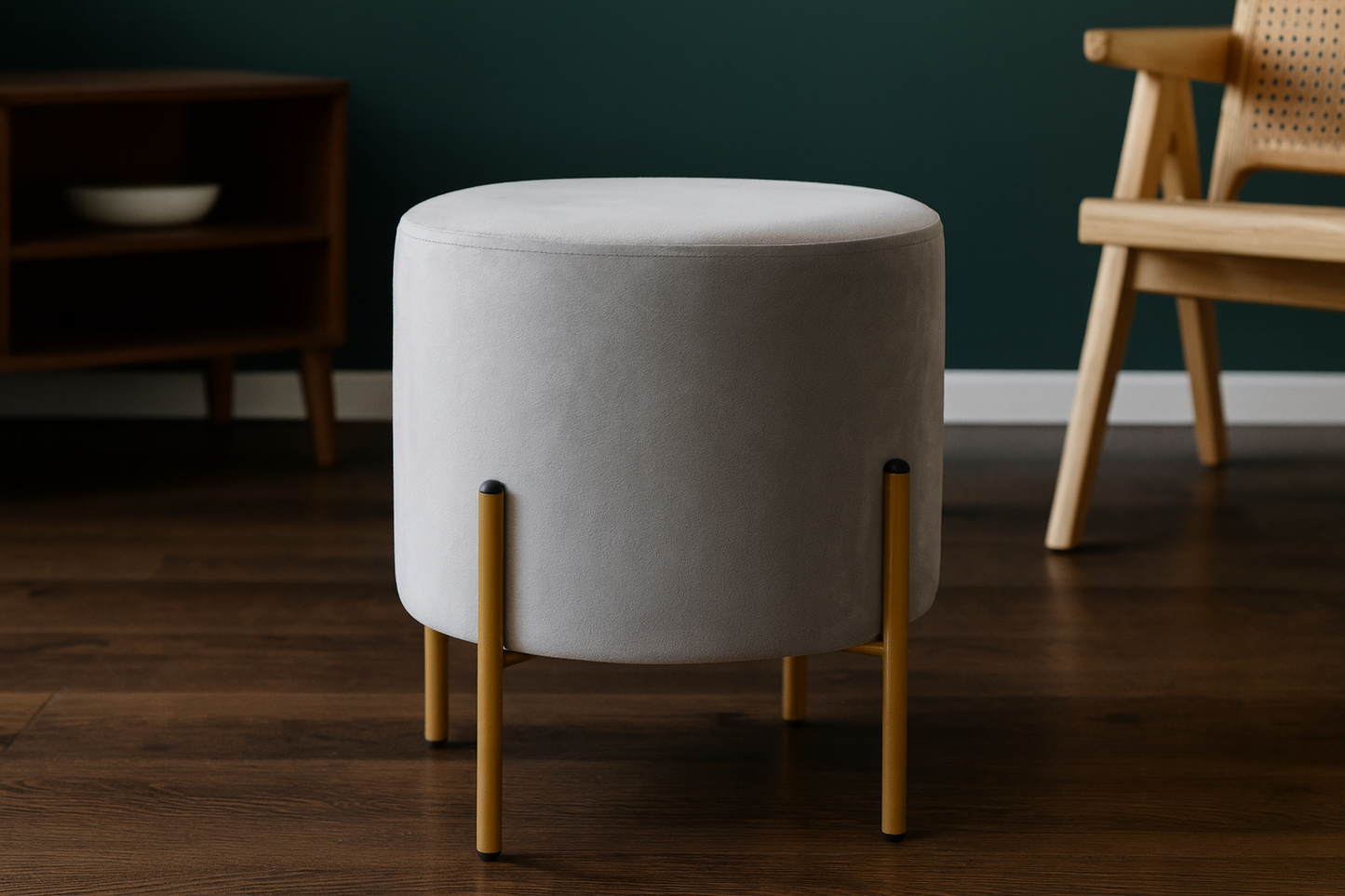 Taburet Rotund din Catifea Gri cu Picioare Metalice Aurii, 35 x 40 cm - MAXY