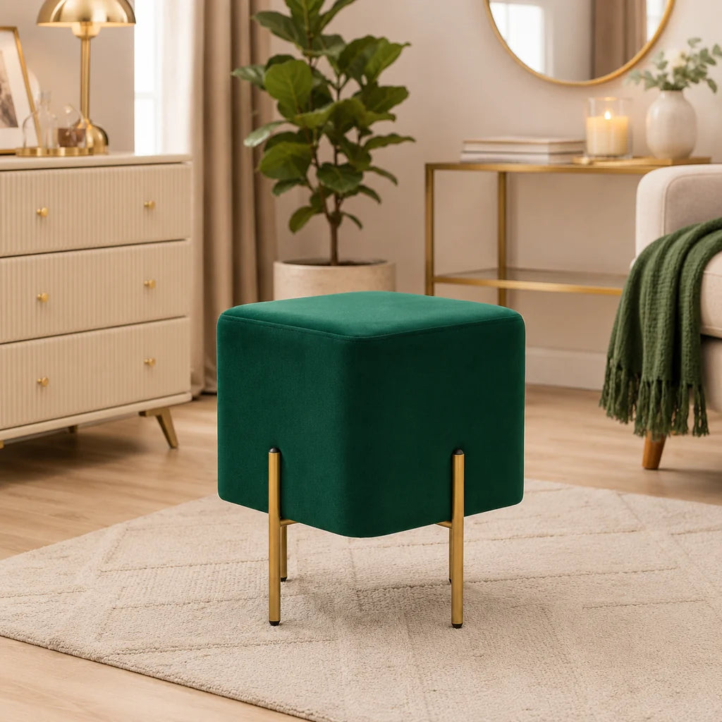 Taburet Pătrat din Catifea cu Picioare Metalice Aurii, 35x35x40cm,  Verde Închis