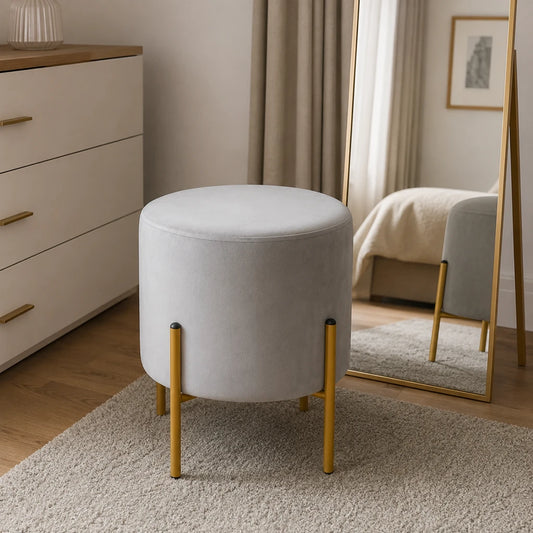 Taburet Rotund din Catifea Gri cu Picioare Metalice Aurii, 35 x 40 cm - MAXY