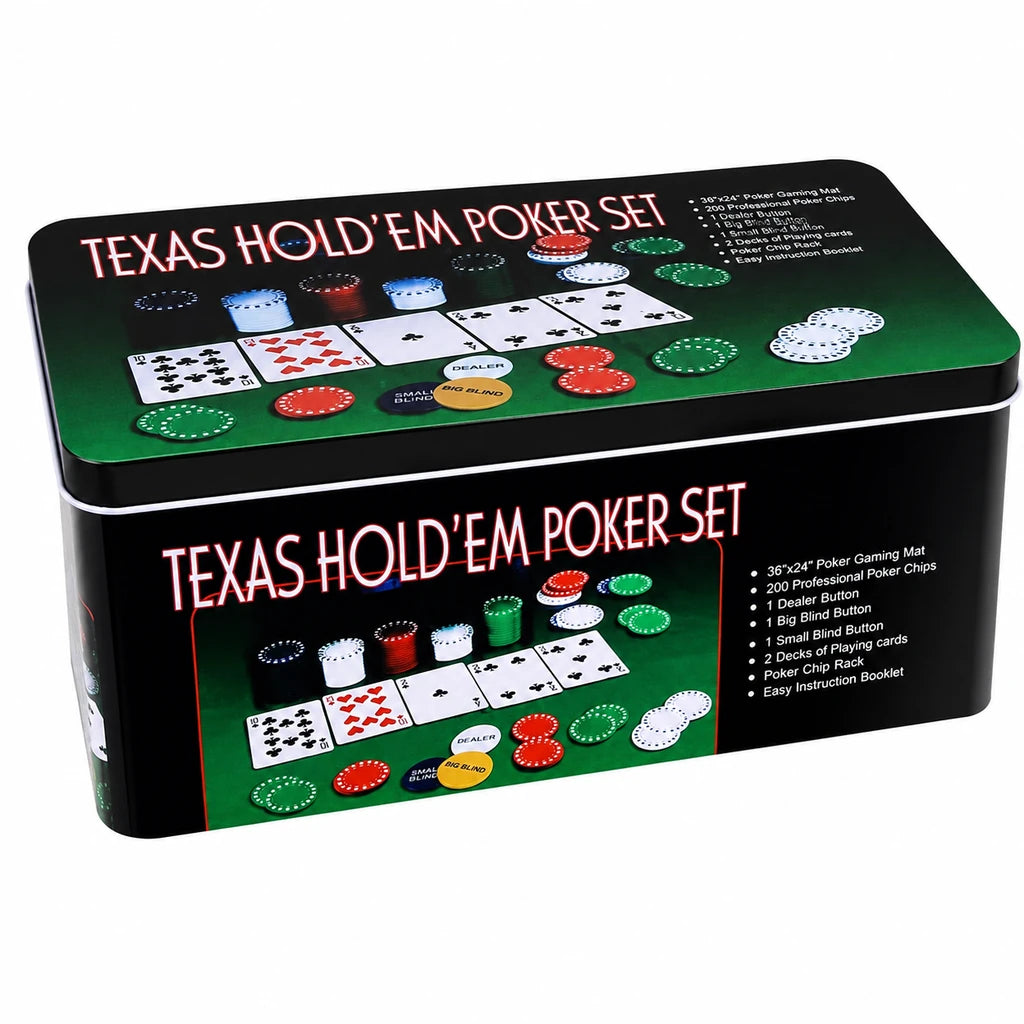 Set De Poker Texas, 200 De Jetoane, Covoraș 92x58 cm, 2 Pachete De Cărți, Cutie Metalică