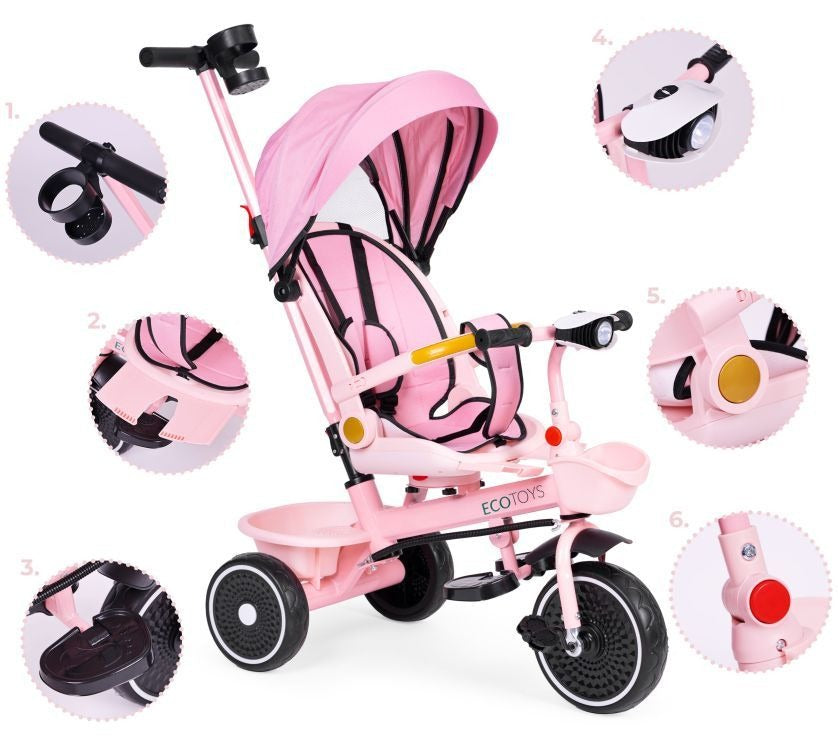 Tricicletă pentru Copii 2 în 1 cu Scaun Rotativ 360° , Roz - MAXY