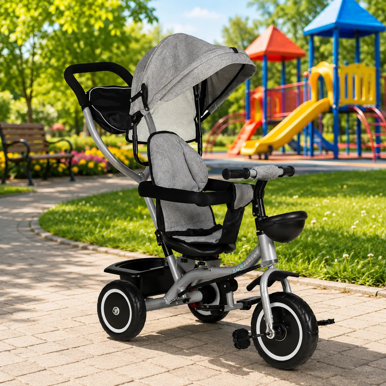 Tricicletă pentru Copii 2 în 1 cu Scaun Rotativ 360° , Gri - MAXY