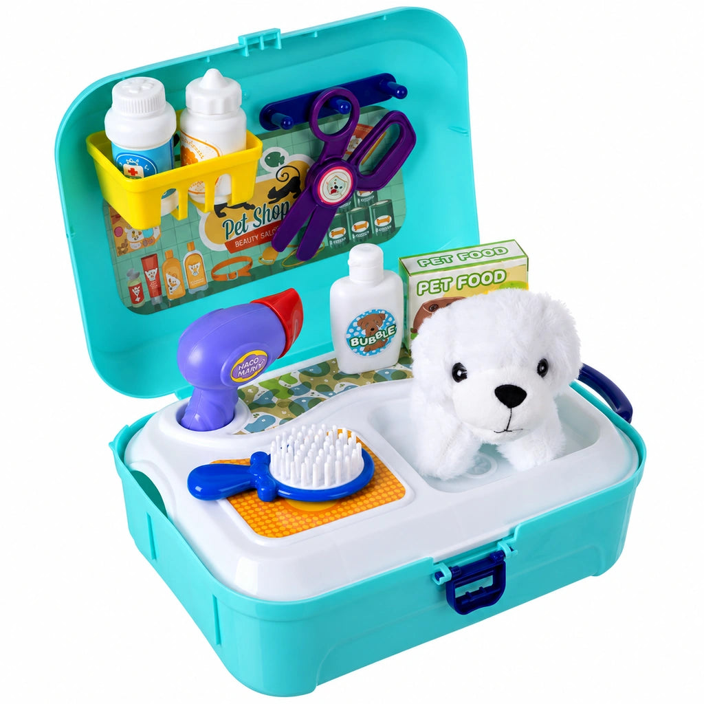 Trusă Toaletaj Canin pentru Copii, Cățeluș din Pluș, Accesorii de Îngrijire, Rucsac 24x18x8 cm