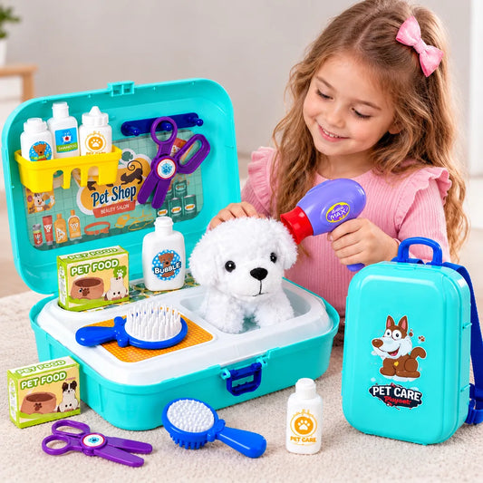 Trusă Toaletaj Canin pentru Copii, Cățeluș din Pluș, Accesorii de Îngrijire, Rucsac 24x18x8 cm