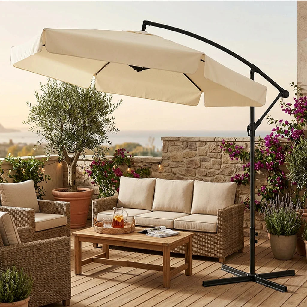 Umbrelă de Grădină Tip Banana 3 m GardenLine, cu Husă de Protecție, Bej - MAXY