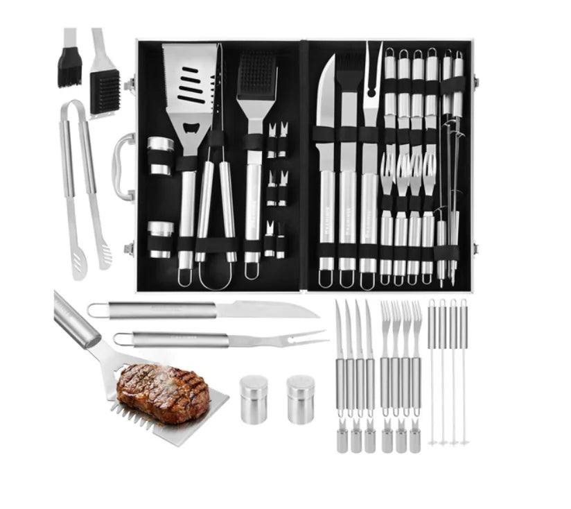 Ustensile Grătar din Oțel Inoxidabil, Set 26 Piese cu Etui, Aluminiu, Kaminer